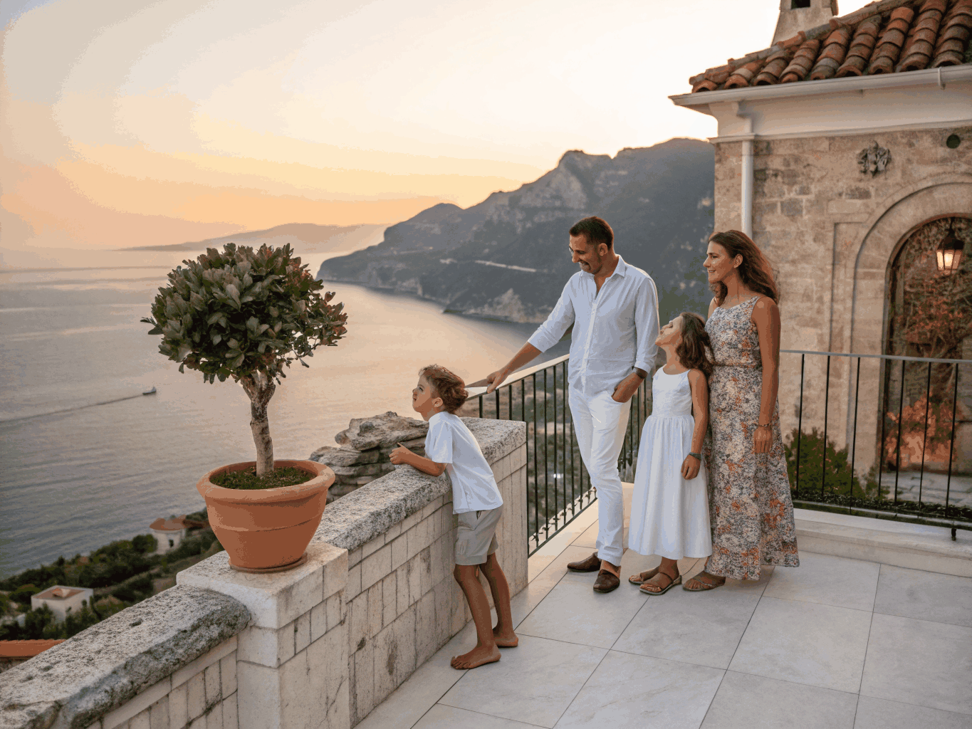 Private secluded luxury estate terrace overlooking the sea at golden hour