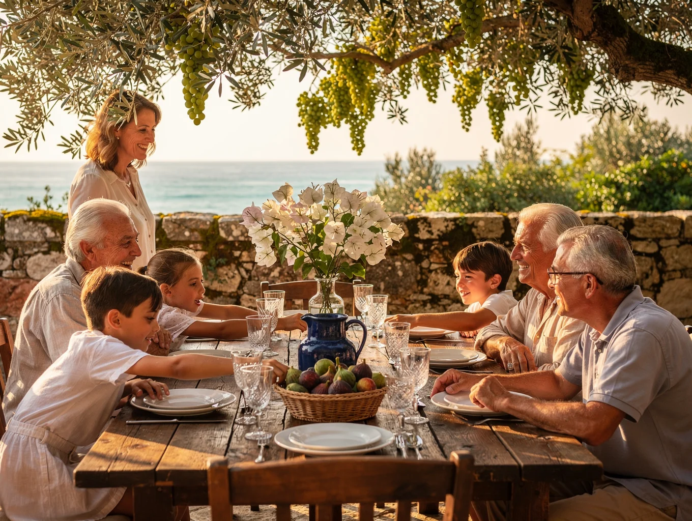 Multi-generational family enjoying a private golden hour dinner overlooking the Mediterranean coast